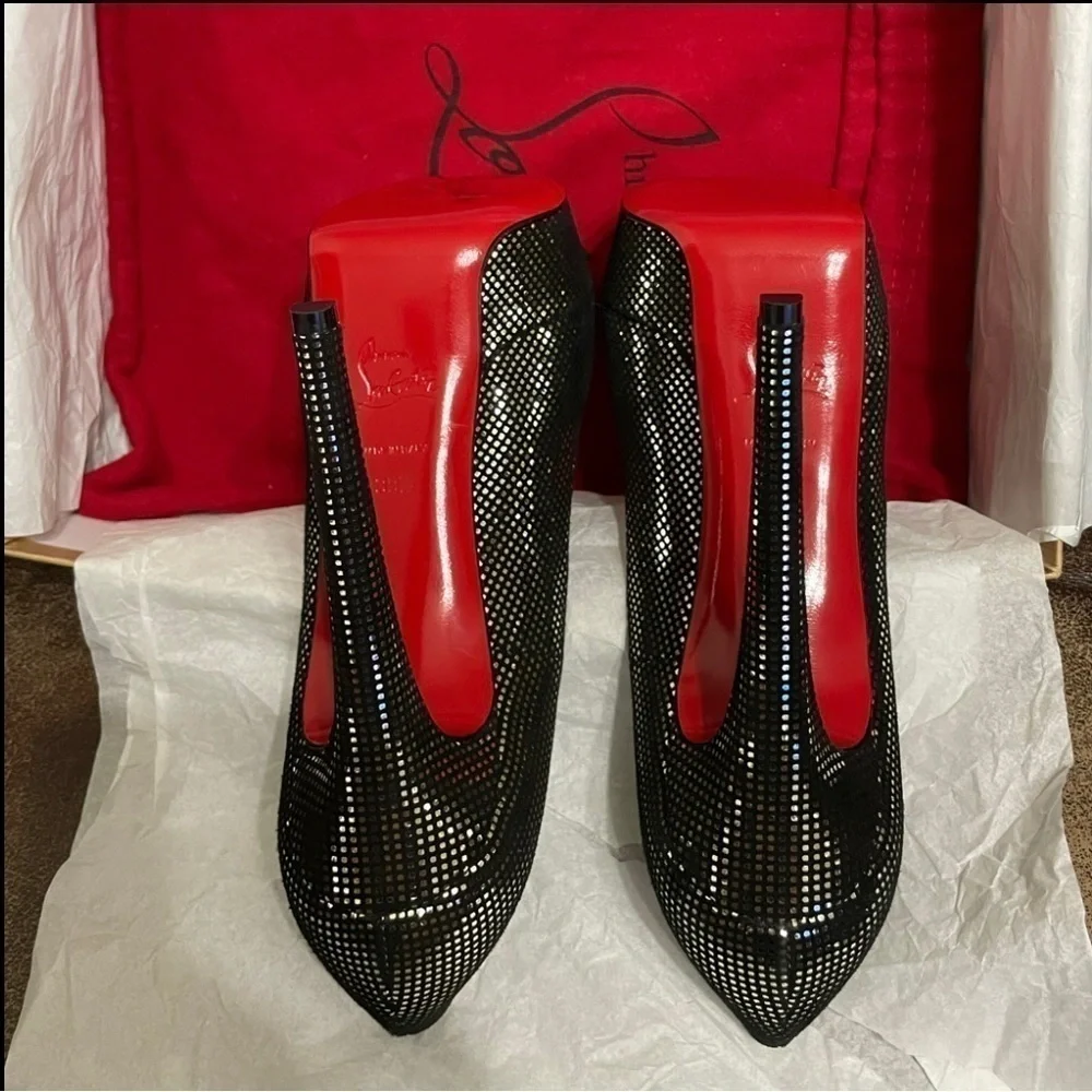 Christian Louboutin Lady Peep plaid polka glitter pump 140mm 1” platform EU38.5